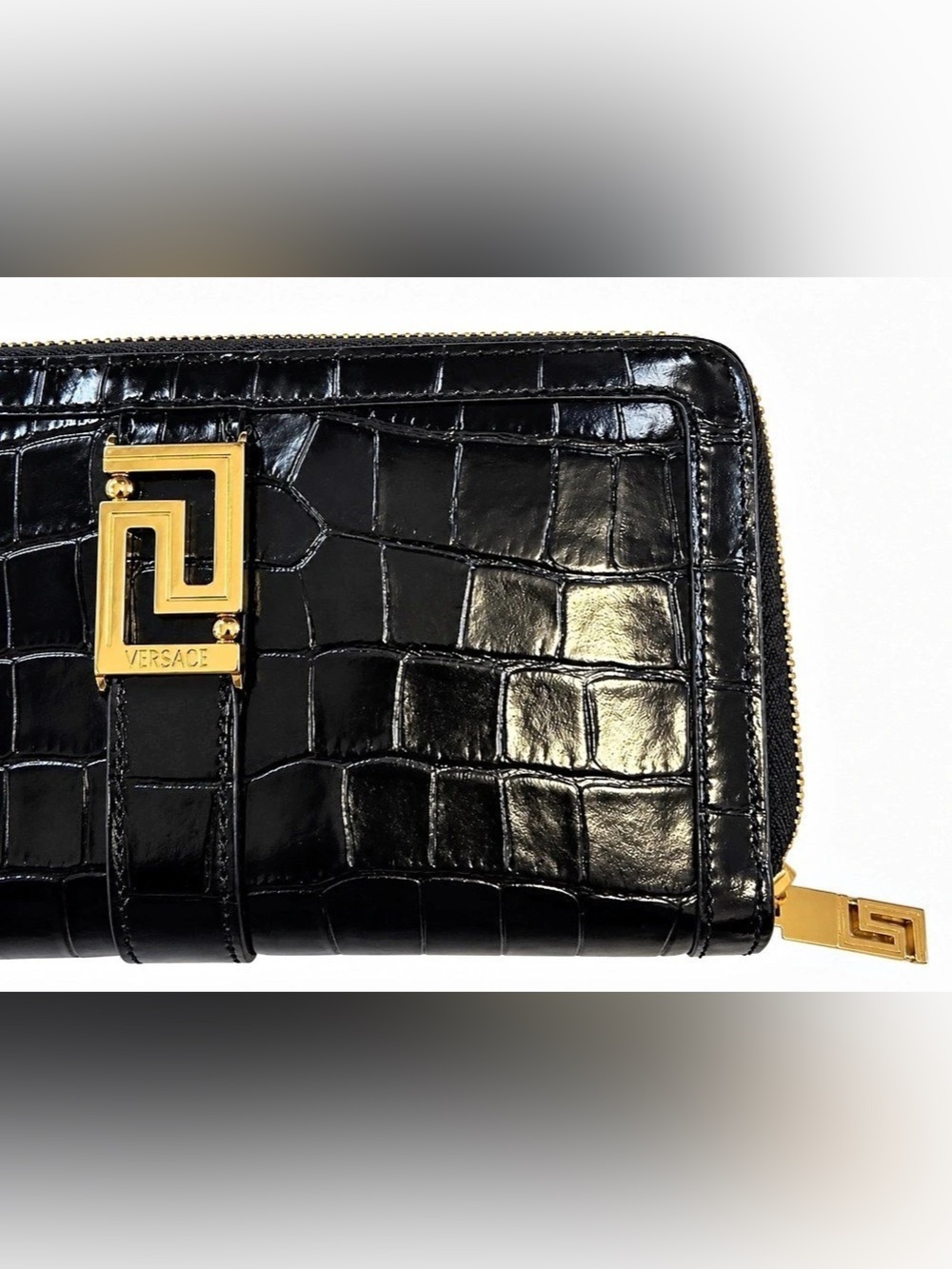 Versace Greca Goddess Croc Embossed Continental Wallet Black Gold - Picture 5 of 6